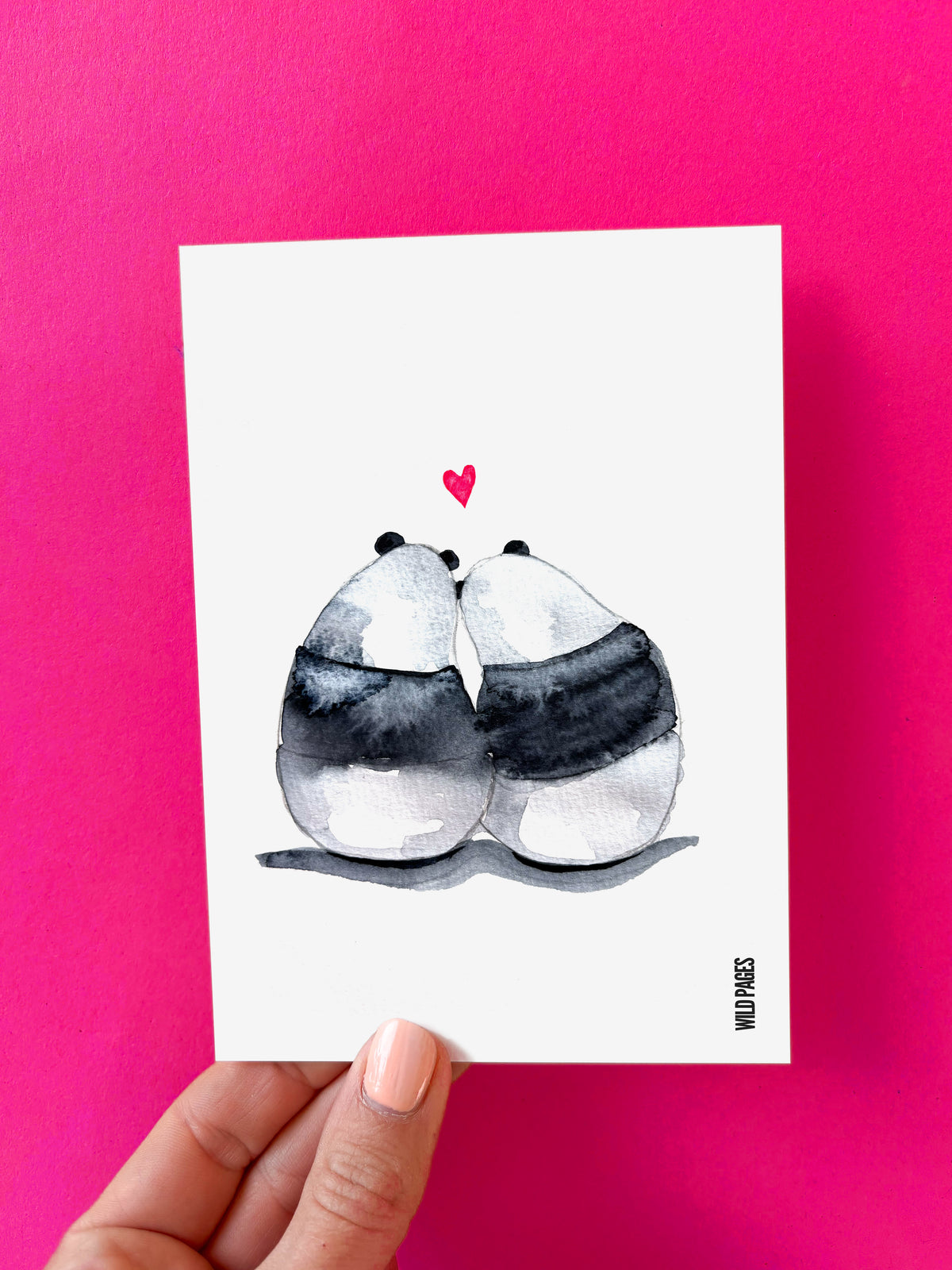 Illustration aquarelle de deux pandas amoureux nez à nez sous un petit cœur rose, carte tenue devant un fond fuchsia.
